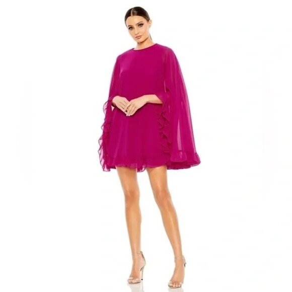 Mac Duggal 55407 Fuchsia Pink High Neck Ruffle Hem Cape Mini Dress Size 0 NWT - Picture 1 of 5